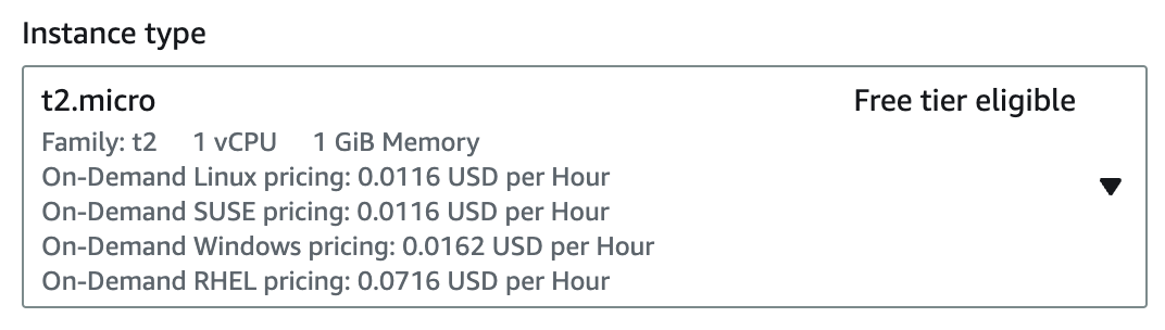 A screenshot of a free-tier-eligible t2.micro instance selection