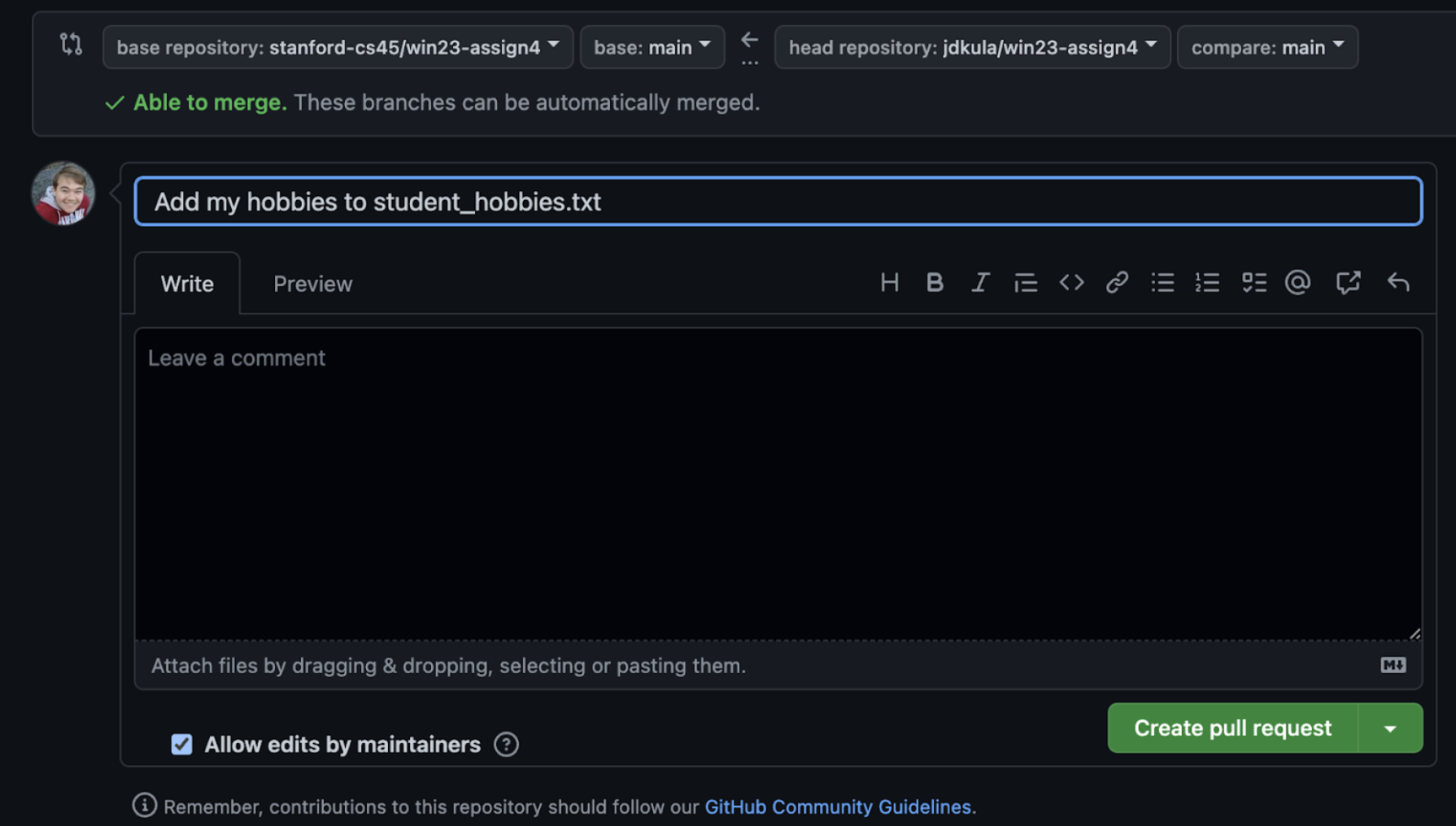 Screenshot of a pull request, which reads “Add my hobbies to student_hobbies.txt”